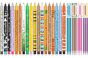 MPQDFG Set of 18 Erasable Gel Pens + 12 Black Refills, with Thermosensitive Erasing Ink, Kawaii Assorted Animal Motifs, Multi-Colour, Temperature Sensitive, 0.7mm Tip