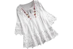 ZILOSCONCY Camicetta Maniche Lunga Oversize Cotone e Lino Elegante Comode Blusa in Pizzo Donna Magliette Lunga Scollo a V Donna Taglie Forti Estive T-Shirt Tinta Unita