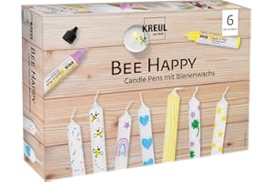 KREUL 49757 - Set di 6 penne per candele Bee Happy, 6 x 29 ml, punta fine per pittura, colori con cera d'api per decorare e dipingere le candele, tempo di asciugatura circa 8 ore