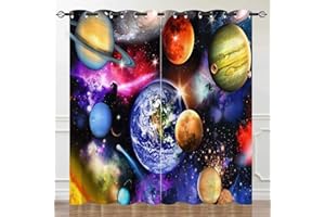 YUANZU Space Curtains, Planet Earth Galaxy Stars Nebula Starry Sky 3D Pattern Microfiber Blackout Fabric Eyelet Window Drapes for Kids Boys Bedroom Playroom W117cm (46") x D137cm (54") 2 Panels