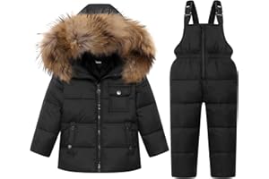 JIAMY Niño Niña Conjunto de Esquí, Chaqueta con Capucha + Pantalón de Esquí Impermeable Traje de Nieve 2 Piezas Traje de Esquí Abrigos de Pluma Pantalones de nieve Pantalones de Babero, Negro 4-5 Años