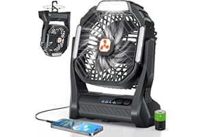 PDBEST Batteriebetriebener Ventilator 20000mAh Kabellos, Wiederaufladbarer Tragbarer Ventilator mit LED-Laterne, Tischventilator, USB-C-Akku Campingventilator für Reisen, Strand, Schwarz Black