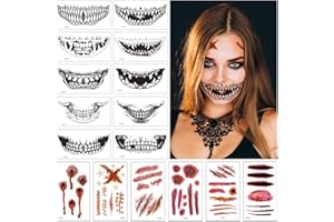 BLUELVES 40 Tatuajes temporales de Halloween,10 para la cara de calavera, 30 para cicatrices realistas,Disfraces de Halloween Tatuajes de zombis, Maquillaje para decoraciones de fiesta de Halloween