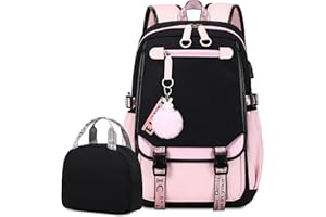 Bevalsa Sac à Dos avec Sac à Lunch Sets, Sacs Scolaires pour Filles Enfant Cartable Élémentaire Étudiant Sac de Voyage Résistant à l'eau 21L pour Les Filles Les Élèves et du Lycée
