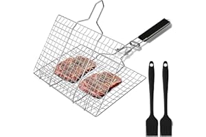 NUANGOO Cestino da Barbecue Pieghevole in Acciaio Inox Cestino Portatile per Barbecue con 2 Spazzole in Silicone per Grigliate di Pesce,Verdure,Bistecca,ecc