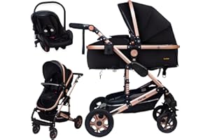 GaGaDumi Florida Kinderwagen 3 in 1 Komplettset mit Autositz - Baby Stroller TÜV - Kombikinderwagen Komplettset Voll-Gummireifen - Wickeltasche Schwarz/Gold