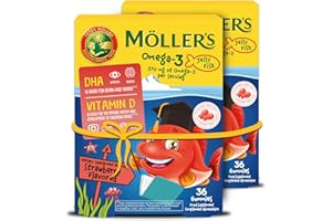 Möller's Omega 3 capsule per bambini | Omega 3 naturale di merluzzo di pesce con sapore di fragola | Con DHA ed EPA | Facile da masticare | Senza glutine, lattosio e zucchero | 72 pezzi