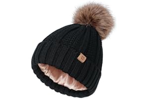 Creekstone Bobble Hat Satin Lined Beanie for Women Girls, Pom Pom Beanie, Warm Winter Hat Knit Hats with Faux Fur Pompom
