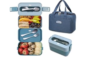 Resszo Lunch Box Kit - Porta Pranzo da ufficio 1600ml Bento Box in PP, 2 Strati Porta Pranzo con Posate per Picnic Scuola Uffici Adulto Bambini, Microonde Sicuro (Blu)