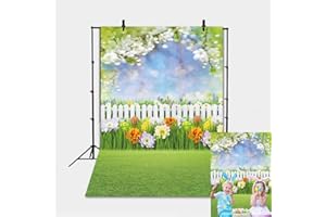 WANGRJ Spring Easter Backdrop Easter eggs Garden Flowers Fence Green Grass Bokeh Sky Photography Background Baby Kids Birthday Party Decoration Portrait Photo Booth Props 5x7FT