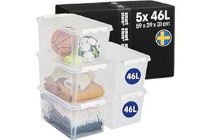 SmartStore - 5x Boîte de Rangement Plastique avec Couvercle Classic 46L (59x39x31cm) | Empilable et de Qualité Alimentaire | Boîte Plastique avec Couvercle & Coins Renforcés | Garantie 10 Ans