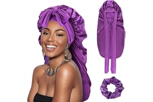 DRESHOW Gorro Saten Pelo Rizado Ajustable para Mujere Bonnet Seda para Dormir Gorro Seda Largo para Sueño con Banda Elástica para Mujeres