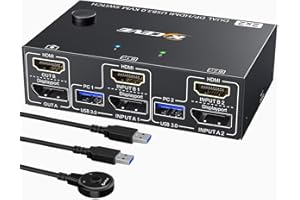 MLEEDA Commutateur KVM Displayport + HDMI 2 PC 2 moniteurs 4K à 60 Hz, commutateur KVM double écran avec 4 ports USB 3.0 pour 2 PC, partage 2 écrans, clavier, souris et imprimante, télécommande par