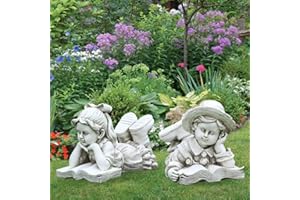 HomeZone Boy and Girl Laying and Reading Garden Ornaments Outdoor - Fully Waterproof Large Stone Effect Ornaments, Hand Crafted Lawn Statue and Sculpture Home and Garden Antique Decor