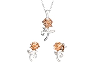 Disney Beauty and the Beast Sterling Silver Belle Rose Stud Earrings and Necklace Set, Official License