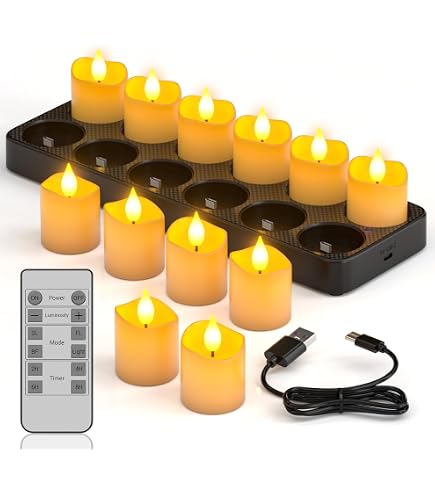Candele LED Ricaricabili A Fiamma Oscillante - Set Da 12, Telecomando, Timer, Luce Gialla, 40 Ore Autonomia