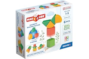 GEOMAG Magicube Shapes, Bloques de Construcción Magnéticos para Niños a Partir de 1 Año – Juego de 6 Cubos de 4 Colores y Formas Hechos de Plástico 100% Reciclado