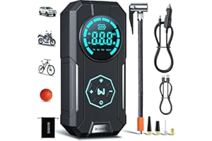 BUVAYE Compresseur à Air Portatif, 7800mAh Mini Pompe à Air Électrique, 150PSI Gonfleur Pneus Voiture sans Fil avec Jauge, Compresseur avec Affichage Numérique Lumière LED pour Voiture, Moto, Vélo, Balle