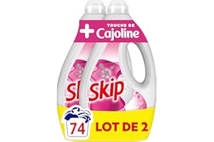 Skip - Lessive Liquide - Touche de Cajoline - 74 lavages - Résultat Impeccable sur les Taches - Apporte de la douceur avec son parfum frais - 2x37 Lavages