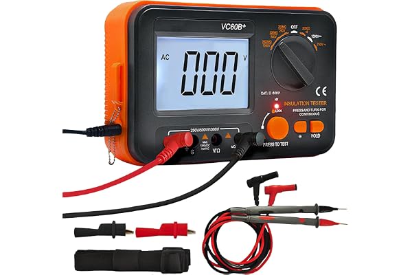 Digital megohmmeter, isoleringsmotståndstestare isoleringsmotstånd 0,1 MΩ-2 GΩ med 250 V/500 V/1000 V testspänning med bakgrundsbelyst LCD-skärm, inkl. mätspetsar krokodilklämmor