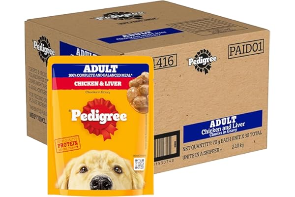 Pedigree Adult Wet Dog Food, Chicken & Liver Chunks in Gravy, 70 g (Pack of 30), Complete & Balanced Meal for Adult Dogs