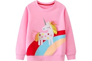 JinBei Felpa Bambina Pullover Maglione a Maniche Lunghe con Unicorno Cavallo Rosa Casuale Cotone Maglietta Ragazze Pull Stampato Colorato Sportivo Cime Bambini 2 3 4 5 6 7 Anni
