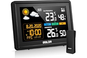 Skeufy Wetterstation Funk mit Außensensor, Innen und Außen Temperatur, Luftfeuchte, Funkwetterstation mit Wettervorhersage, Barometer, Digital Farbdisplay DCF Funkuhr zum Stellen,Hängen,Schwarz