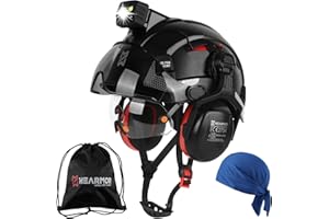 HEARMOR VOLTEK Casque de protection industriel certifié CE EN397 avec lampe frontale LED + visière et protection auditive | Pour travaux forestiers, travaux de construction et escalade | Casque de