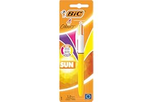 BIC 4 Couleurs Sun Stylo-Bille Rétractable Pointe Moyenne (1,0 mm) - Encres Fantaisies Turquoise, Violet, Rose, Jaune, et Orange, Blister de 1