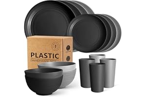 Teivio 16-Piece Kitchen Plastic Dinner Set, Service for 4, Dinner Plates, Dessert Plates, Cereal Bowls, Cups, Unbreakable Plastic Plates and Bowls Set, Outdoor Camping Dishes, Gray Ombre