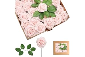 YAYAFUNFUN 25 rose artificiali in polvere di champagne, rose in schiuma realistiche al tatto con steli, 4 foglie, fiori artificiali per matrimoni, bouquet da sposa, torte, pietre tombali, centrotavola, baby