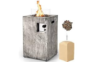 COSTWAY Outdoor Gas Patio Heater, 30000BTU Flame Adjustment Portable Propane Fireplace with Waterproof Cover, Glass Wind Guard, Volcanic Rocks & Touch-up Pen, Real Flame Standing Floor Heater
