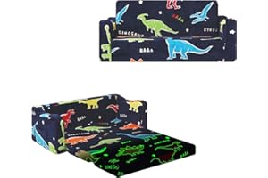 alldomess Convertible Sofa para Niños 2 en 1, Plegable Sofa Infantil Brilla en la Oscuridad para Niñas y Niños, Estable Silla Niño 2 Plazas para Dormitorio Sala de Juegos,Dinosaurios