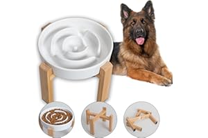 PTOBER Elevated Slow Feeder Dog Bowl - Raised Ceramic Dog Bowl with Anti-Slip Stand - Puzzle Maze Dog Food Bowl for Fast Eaters - Heavy Big Dog Dish - Designed for Medium and Large Dogs - White - 8.8 inch