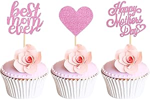 Blumomon Pink Glitter Happy Mothers Day Cupcake Toppers Best Mom Heart Cupcake Picks for Mother's Day Party Cake Decorations