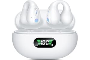 BOYTOND Open Ear Bone Conduction Headphones, Comfort Clip On Wireless Earbuds Bluetooth 5.3, Sports Ear Buds with ENC Mic, 36 Hours HIFI Earpods with LED Display Charging Case, IPX7 Running Earphones White