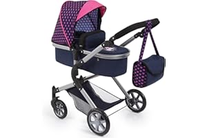 Bayer Design 18154AA Landau pour poupée City Neo avec un sac à bandoulière et un panier, convertible en une poussette, Bleue avec une Licorne et Motif Rose