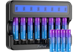 PALLUS Rechargeable AAA Lithium Batteries 12 PCS, 1100mWh High Capacity with 8-Slot LCD Battery Charger,3H Fast Charging, 1500 Cycles, Suitable for Wireless Mice, Clock, Remote Control