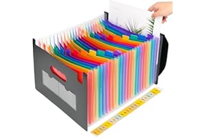 DAMIII Teczka na dokumenty A4 z pokrywką, segregator z 24 przegródkami, teczka do sortowania A4, kolorowa teczka na dokumenty, segregator akordeonowy A4, duża pojemność, wodoszczelna, z kolorowymi etykietami