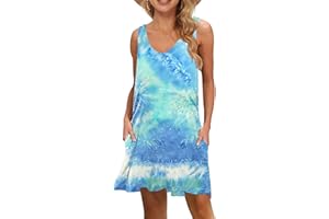 WNEEDU Abito Donna Estivo Copricostume Vestiti Estivi Corti con Scollo a V Semplice Casual Mare Prendisole con Tasche