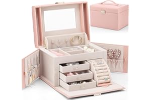 Vlando Faux Leather Jewellery Box, High Capacity Jewellery Organizer Box Storage with 3 Drawers for for Bracelets, Earrings, Rings, Necklaces for Christmas Gift, Wedding Birthday Gift-Pink