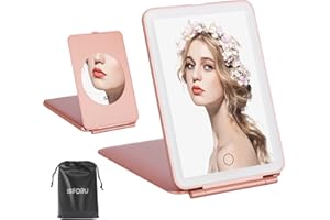 ISFORU LED Travel Mirror with 5x Magnification, Folding Lighted Makeup Mirror 3 Colors Light, Rechargeable Portable Compact Vanity Mirror, Perfect for Travel, Christmas Birthday Gift for Girls Women