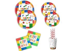 ASSUGO Baustein partygeschirr set,60 stüke kindergeburtstag deko,Enthält pappteller bunt,pappbecher bunt,servietten kindergeburtstag,Strohhalme, geeignet für kinder geburtstag,Bausteinparty