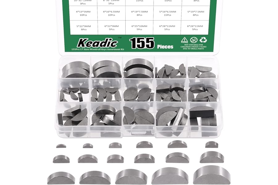 Keadic 155Pcs 17Sizes Metric Woodruff Key Assortment Set, Carbon Steel Half Moon Gear Shaft Drive Semicircle Bond Key Pulley Crank Hardware Accessories for Mechanical Industry Fasteners
