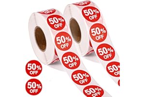 Tinoaly 2000pcs 50% Discount Stickers, 1in Round Self Adhesive 50 Percent Off Signs Promotion Labels Price Markers Sales Reduced Tags for Retail Stores Supermarkets Shops (Red)