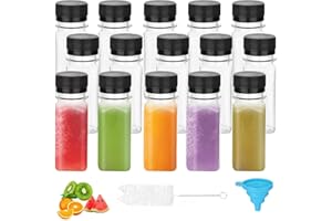 DKBT 15 Pcs Petite Bouteille Shot de Jus 60ml Mini Bouteille Plastique Fiole Transparentes Brosse avec Entonnoir pour Jus Ginger Lait Boissons (Noir)