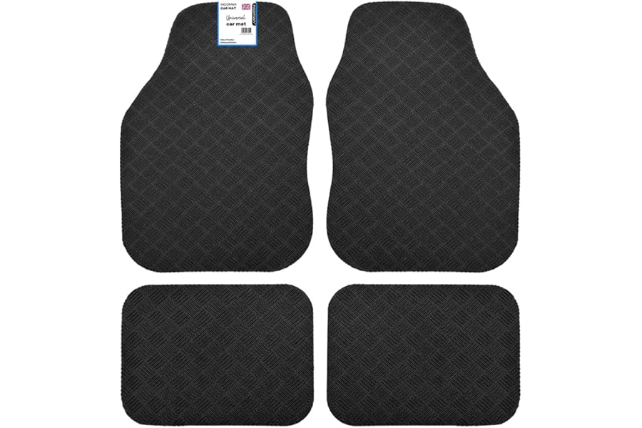 Nicoman Universal Black Car Mats with Anti-Slip, Heavy Duty Performance All Weather Protection, Trim to Fit Rubber Floor Mat Carpet for SUV, Vans, Sedans, Trucks Waterproof, Made in UK (Full Set)