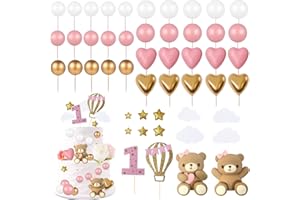 KKSJK 49 Pezzi Topper per Torta Rosa Set, Topper per Torta per il 1anno Compleanno Della Ragazza, Decorazione per Torte con Orsacchiotto per Matrimoni, Baby Shower e Feste di Compleanno