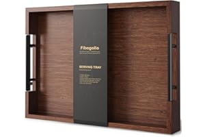 Fibogollo Bamboo Serving Tray with Metal Handles,43x30cm Ottoman Decorative Trays Platter for Coffee Table,Living Room,Bar,Party,Large(Brown)