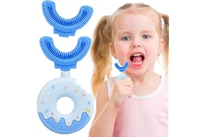 RUNMEIHE Spazzolino da denti a forma di U per bambini, morbido, per una pulizia a 360°, in silicone, a forma di ciambella, per bambini dai 2 agli 8 anni (M, blu)